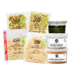Daily Chef verse pasta pak à 250/500 gram,
Daily Chef groene pesto pastasaus bakje à 150 ml
of Noordertrots pastasaus bakje à 25